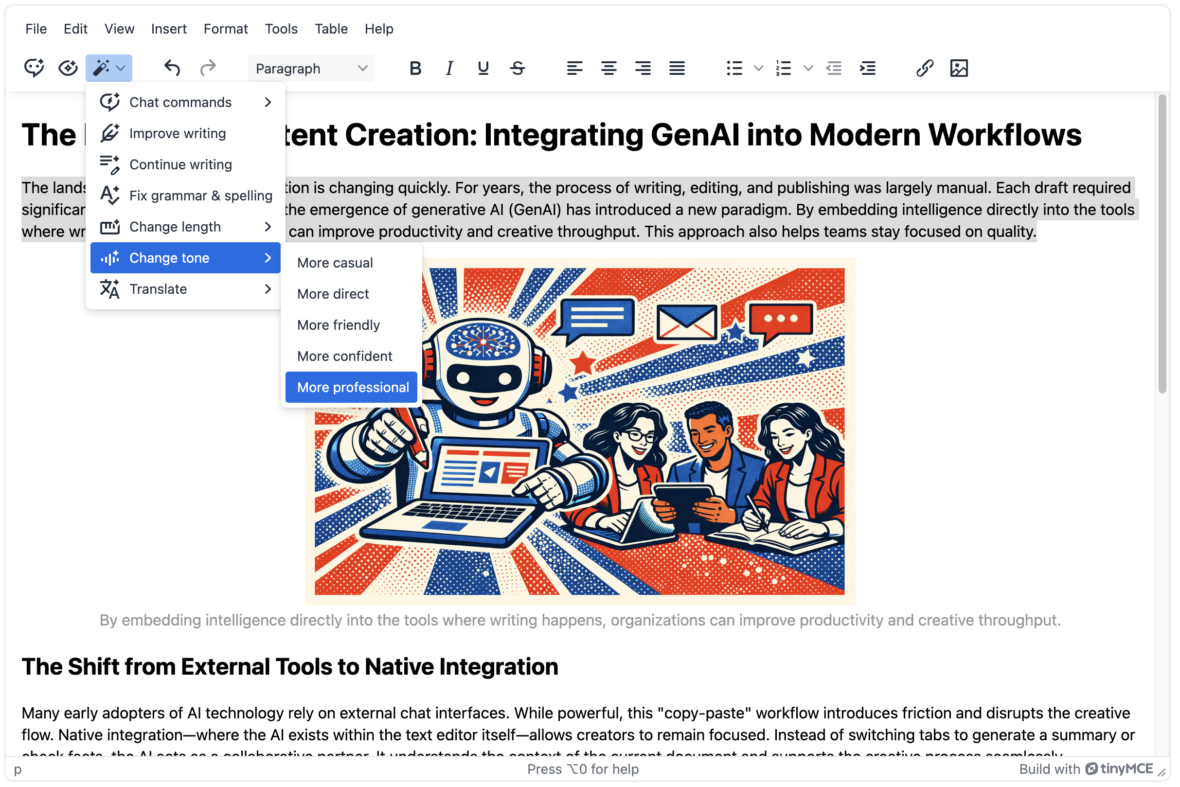 TinyMCE AI Quick Actions dropdown in the toolbar